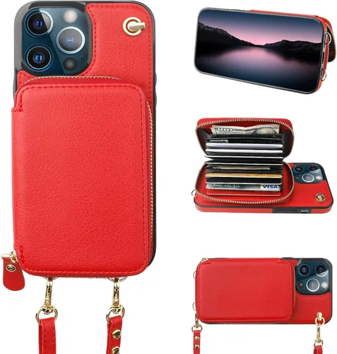 Miniatura 9 de Bocasal Funda tipo cartera cruzada para iPhone 13 Pro, funda de piel con bloqueo RFID y soporte para tarjetas, funda protectora con cremallera
