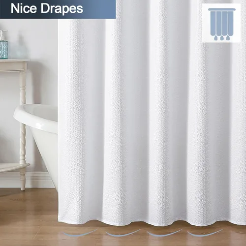 Miniatura 5 de OWENIE Cortina de ducha blanca para baño, 96 pulgadas, extra larga, elegante cortina de ducha de tela texturizada en relieve 3D, repelente al agua