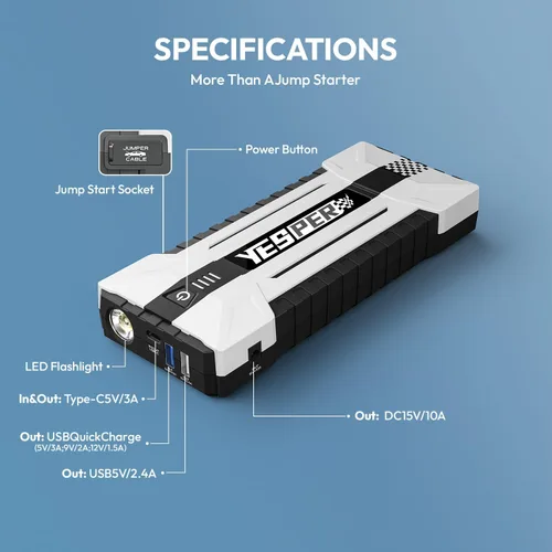Miniatura 9 de YESPER Arrancador de batería portátil, caja de salto de 3000 A para automóvil de 12 V (hasta 10 L de gasolina/8 L motor diésel), cables de puente