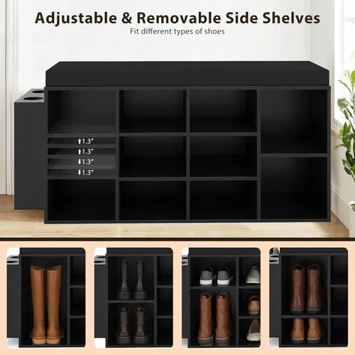 Miniatura 5 de Tangkula Banco de almacenamiento de zapatos con soporte para paraguas, organizador de zapatos de 40 pulgadas con asiento acolchado, 10 cubos y Negro