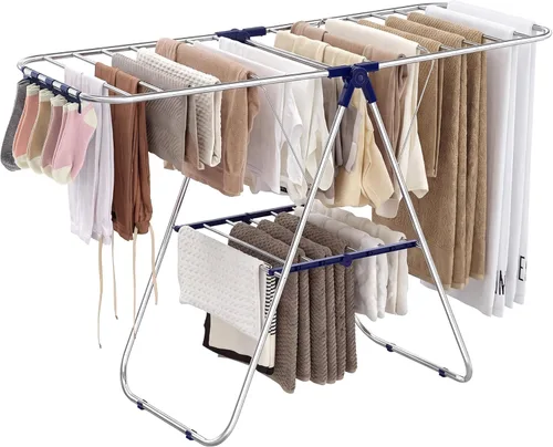 Miniatura 8 de SONGMICS Tendedero de secado de ropa, plegable de 2 niveles, aireador independiente, 1 barra colgante alta adicional, 2 alas ajustables en altura