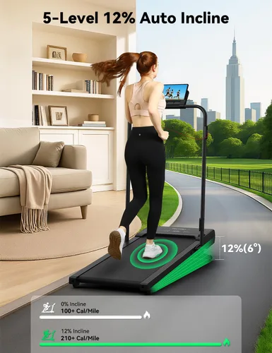 Miniatura 2 de FelFast Walking Pad Treadmill, 12% 5-Level Auto Incline, 2-in-1 Under Desk Foldable w/Remote Control, 12 HIIT Mode, 265 Lbs, 7.6 MPH Max, Portable