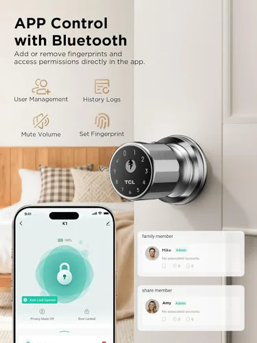 Miniatura 7 de TCL K1 - Pomo de puerta inteligente de huellas dactilares, entrada biométrica sin llave de 0.3s, acceso 4 en 1 con control de aplicación