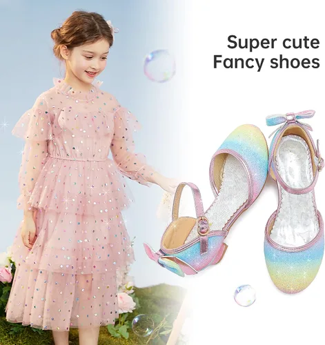Miniatura 7 de Sandalias para niñas, tacones cerrados, para boda, fiesta, princesa, lazo con lentejuelas para niños pequeños y grandes