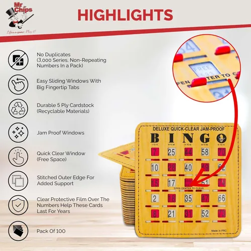 Miniatura 7 de MR CHIPS Tarjetas de bingo de lujo a prueba de atascos y transparentes con ventanas deslizantes, paquete de 100 unidades en estilo de madera 100