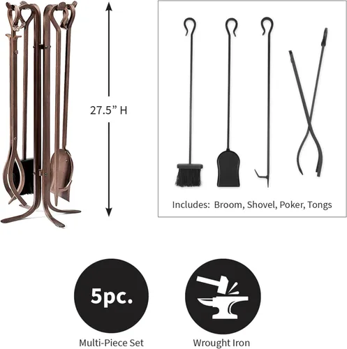 Miniatura 3 de Plow & Hearth Juego de 5 herramientas de hierro forjado a mano para chimenea de 27.5 pulgadas Mango de hierro forjado de bronce para interiores