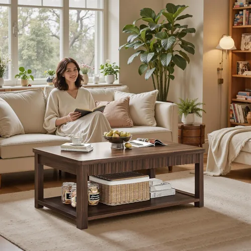 Miniatura 3 de Homkdom Mesa de Café, Mesas de Café Modernas de 39 Pulgadas para Sala de Estar con Almacenamiento de 2 Niveles y Borde Ondulado, Mesa Central
