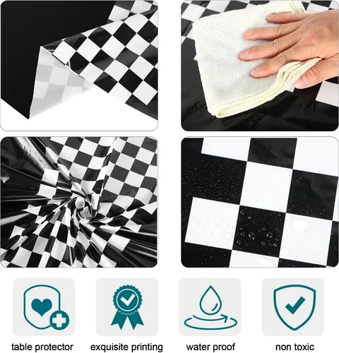 Miniatura 2 de Oudain 3 piezas de suministros para fiesta de cumpleaños de autos, decoraciones para fiestas de carreras, mantel redondo de carreras con bandera a