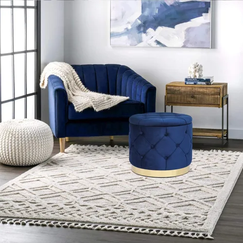 Miniatura 5 de Adeco Otomana redonda de almacenamiento, banco tapizado con botones de terciopelo con tapa extraíble, mesa auxiliar, reposapiés, asiento para sala