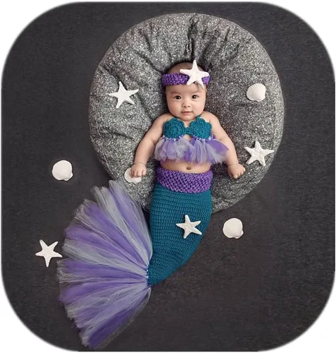 Miniatura 7 de Accesorios de fotografía para recién nacidos, diadema de estrella, brasier y cola de sirena para sesión de fotos de bebé (rojo)