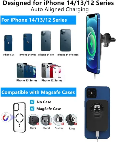 Miniatura 3 de Cargador de coche inalámbrico magnético de 15 W para iPhone 16/15/14/13/12 Pro Max/Mag-Safe, soporte de carga rápida Qi, soporte de teléfono