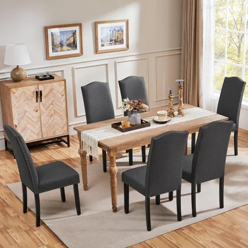 Miniatura 2 de Yaheetech Juego de 6 sillas de comedor tapizadas, sillas de cocina modernas con adornos de cabeza de clavo y patas de madera maciza para comedor