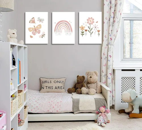 Miniatura 6 de Lienzo bohemio rosa para cuarto de bebé, arte de pared para habitación de niños, decoración de pared, diseño de flores de mariposa para niños