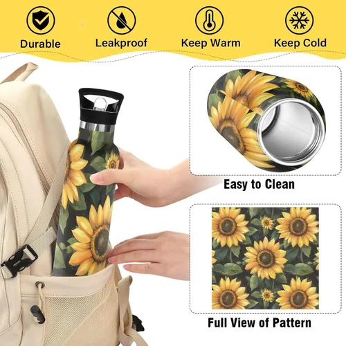 Miniatura 4 de Trendy Sunflower Oil Painting Style Leak Proof & BPA Free Sports Insulated Water Bottle With Straws Leak-proof Hot & Cold Double Walled for