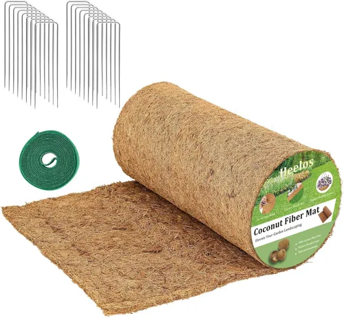 Miniatura 8 de Rollo de mantillo grueso para paisajismo, tapete de fibra de coco de 120 x 6.5 pulgadas con 16 estacas de acero en forma de U y cinta de lazos