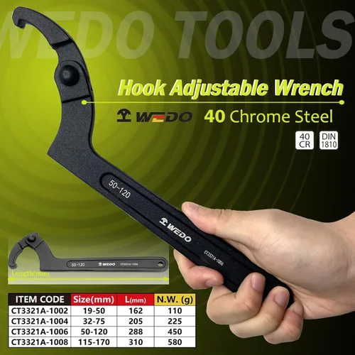 Miniatura 2 de WEDO Llave de gancho ajustable en C, llave de gancho ajustable, acero cromado 40, tamaño 4.528-6.693 in, forjado a presión, par fuerte, alta