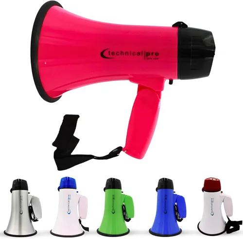 Technical Pro Megáfono de megáfono portátil ligero de 20 vatios con correa, sirena y control de volumen, bueno para entrenadores, fútbol, fútbol,