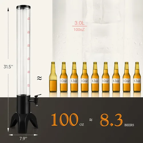 Miniatura 5 de Mimosa Tower, dispensador de torre de bebidas de 100 oz/3 L con tubo de hielo y luz LED, dispensador de cerveza de mesa (1 unidad)