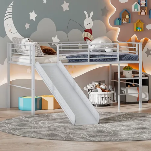 Miniatura 10 de Giantex Cama alta individual con tobogán, litera baja de metal con barandillas de seguridad y escalera integrada, marco de suelo de cama infantil