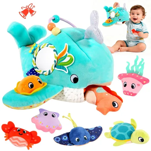 FREYBLI Juguetes para bebés de 6 a 12 meses - Juguetes suaves de aventura oceánica con sonajero, papel crujiente, silbato, espejo - Juguetes