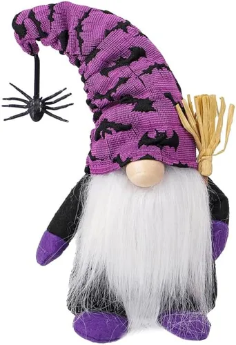 PRETYZOOM Muñeca sin rostro, gnomo de Halloween, decoración de felpa, gnomo de bruja de fieltro suave morado con barba gris, escoba de araña para
