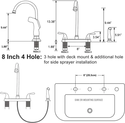 Miniatura 5 de Grifo de Cocina SHACO con Rociador Lateral, Grifo de Fregadero de Acero Inoxidable de 2 Asas con Línea de Suministro de Agua, Grifo de Cocina