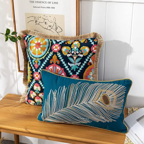 Miniatura 6 de Fundas de almohada de algodón y lino con plumas de pavo real bordadas, funda de almohada personalizada con cremallera (plumas, 12 x 20 pulgadas)