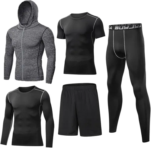 BUYJYA 5 piezas de pantalones de compresión para hombre, camisa de manga larga, conjunto atlético, ropa de gimnasio, entrenamiento, regalo del día