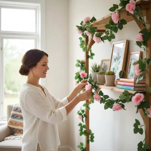 Miniatura 4 de Guirnalda de vid de rosas falsas de 16 pies, plantas artificiales para colgar, hiedra rosa, hogar, hotel, oficina, boda, fiesta, decoración