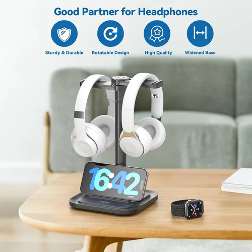 Miniatura 4 de KDD Soporte doble para auriculares para escritorio, colgador giratorio para auriculares con soporte para teléfono, base antideslizante extraíble
