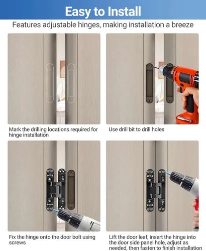 Miniatura 4 de Bisagras invisibles mejoradas para puerta (2 piezas) – Bisagras ocultas negras de 6 pulgadas para puertas, ajustable de 3 vías y columpio de 180