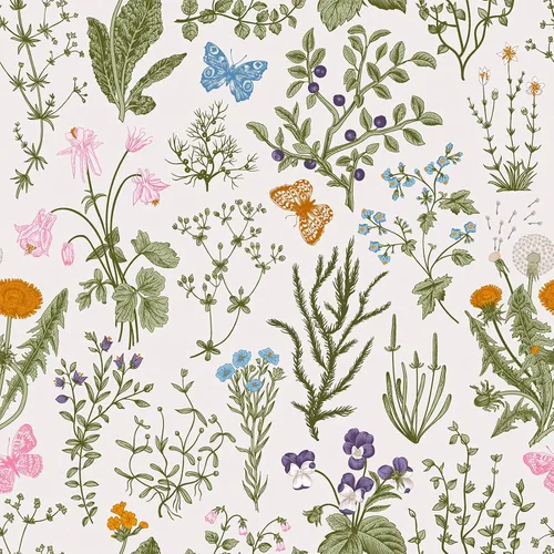 VEELIKE Papel tapiz floral de hierbas botánicas de 17.7 x 118 pulgadas, papel tapiz vintage de flores silvestres de mariposas y flores, papel tapiz