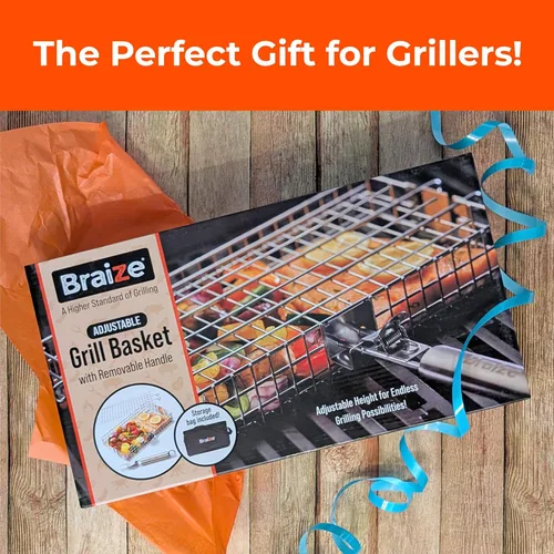 Miniatura 5 de Cesta de parrilla ajustable con mango extraíble – 4 niveles de altura para verduras, carne, pescado y más – Cesta de barbacoa con tapa de bloqueo