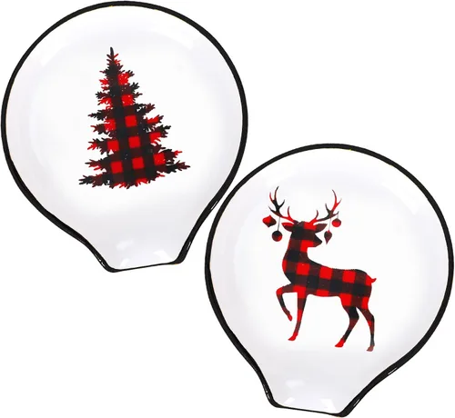 Whaline Juego de 2 cucharas de café de Navidad, a cuadros, árbol de Navidad, reno, cerámica, cucharadita, platos de salsa navideña, plato para