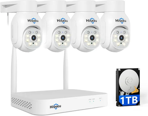 Hiseeu Sistema de cámara de seguridad PTZ inalámbrica de 5 MP, cámara WiFi impermeable IP66 para interiores y exteriores, NVR 4K 10CH, audio de 2