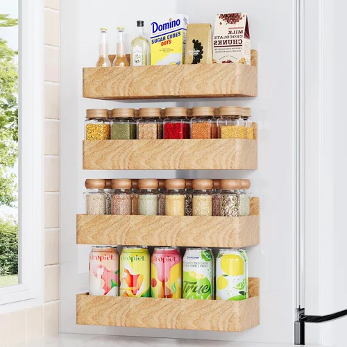 Mystozer Estante magnético para especias para refrigerador, organizador de cocina y estante de almacenamiento, grano de madera (paquete de 4)