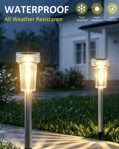 Miniatura 5 de DERAYSION Luces solares para exteriores, paquete de 8 luces impermeables para caminos de jardín, iluminación con poste de acero inoxidable