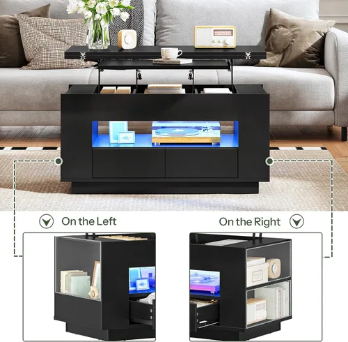 Miniatura 5 de CHOEZON Mesa auxiliar elevable de 40 pulgadas con 2 cajones, luces LED y almacenamiento, mesa central multiusos 4 en 1 con base flotante, para sala