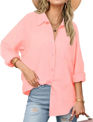 Miniatura 21 de Zeagoo - Blusas de lino con botones para mujer, de gasa, algodón, manga larga, blusas informales con cuello, corte holgado