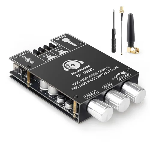 DAJUNGUO ZK-1002T 100W+100W Bluetooth Amplificador Junta con antena IPEX-1, entrada de 9-24V CC, 2.0 estéreo, nombre Bluetooth personalizable, chip