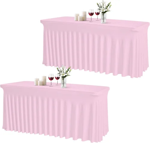 Miniatura 15 de JCJ Faldón de mesa para mesas rectangulares, manteles negros ajustados de spandex para mesas de 4 pies, faldones de mesa elásticos con volantes