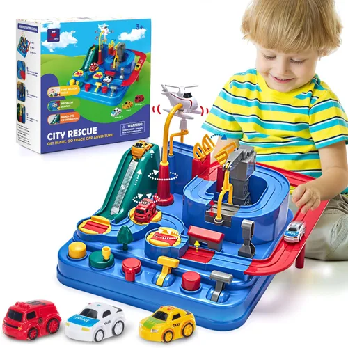 Hahaland Juguetes para niños de 3 años - Juguetes de pista de carreras, juguete de coche para niños de 3-4 años, juego de rescate de pista de