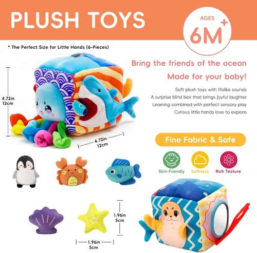 Miniatura 5 de SAIMAND Juguetes para bebés de 6 a 12 meses – Caja suave misteriosa con 5 animales marinos de peluche, sonajero, papel crujiente y espejo – Juguetes