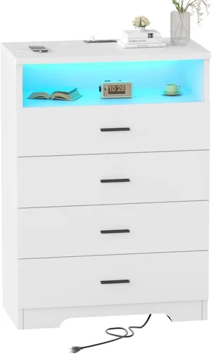 Miniatura 14 de FJTJBSI Cómoda con Tomas de Corriente de Madera de 6 Cajones con Organizador Grande Blanco Organizador de Almacenamiento Alto con Riel de Metal Liso