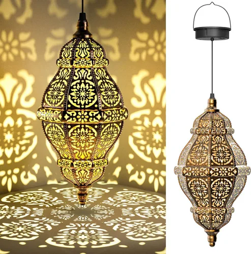 Miniatura 9 de Twinkya Paquete de 2 luces solares colgantes para jardín, farol solar decorativo para exteriores, impermeables, de metal, marroquí, decoraciones al