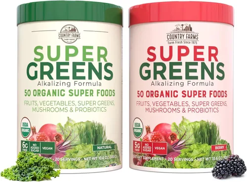 Country Farms Super Greens Power Pack, 50 súper alimentos orgánicos, polvo de verduras con probióticos para la salud intestinal y alivio de la