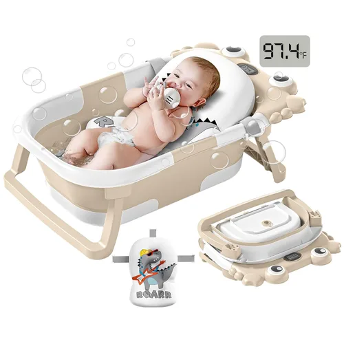 Bañera plegable para bebés desde recién nacidos hasta niños pequeños con monitor de temperatura en tiempo real + cojín flotante, juego de bañera