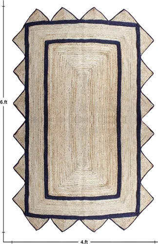 Miniatura 3 de Alfombra de borde festoneado, alfombra tejida a mano de yute natural, 2 x 3 pies, color beige y negro, alfombra de sisal trenzada Kilim para sala