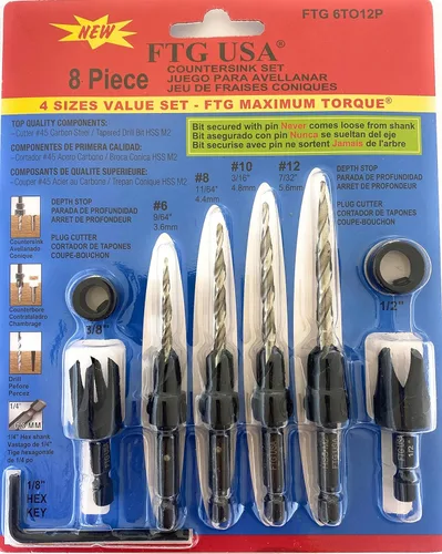 Miniatura 28 de FTG USA Juego de brocas avellanadoras de madera ajustable, 5 piezas, broca avellanadora #4 #6 #8 #10 #12 con broca cónica para carpintería