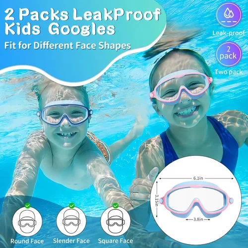Miniatura 6 de Paquete de 2 gafas de natación para niños, sin fugas, antivaho, anti-UV, para niños y niñas de 4 a 14 años Azul oscuro y rosa azul